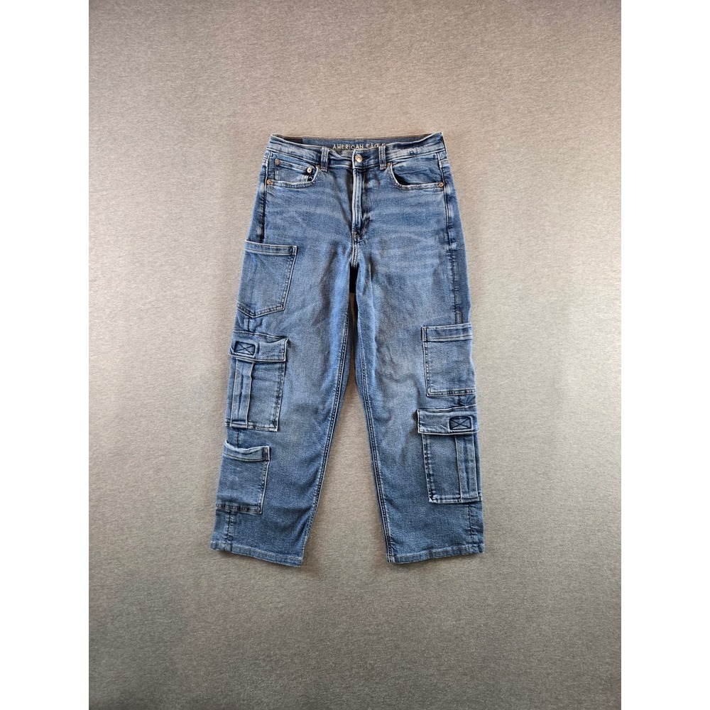 American Eagle Cargo Jeans Women 6 Blue Super High-Rise Baggy Straight Stretch